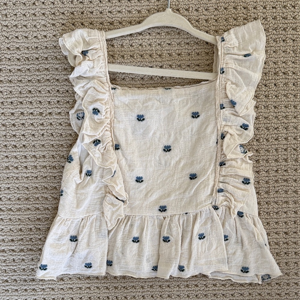 Bebe organic Embroidered Ruffle Sleeve Top - Cream and Blue